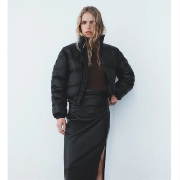 ZARA CROPPED FAUX LEATHER PADDED PUFFER JACKET NWT - Picture 2 of 11